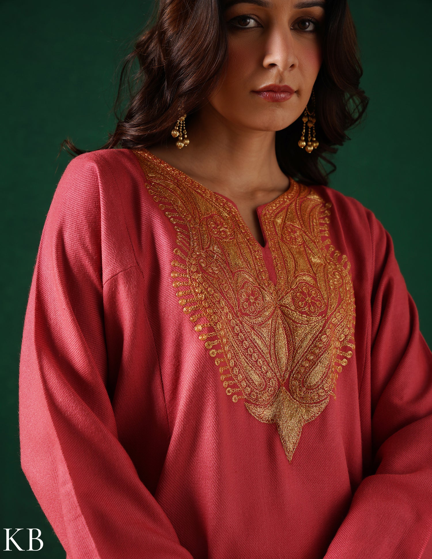 Kashmiri Golden Boti Tilla Embroidered Woollen Phiran – Pink | Handcrafted Heritage - Kashmir Box