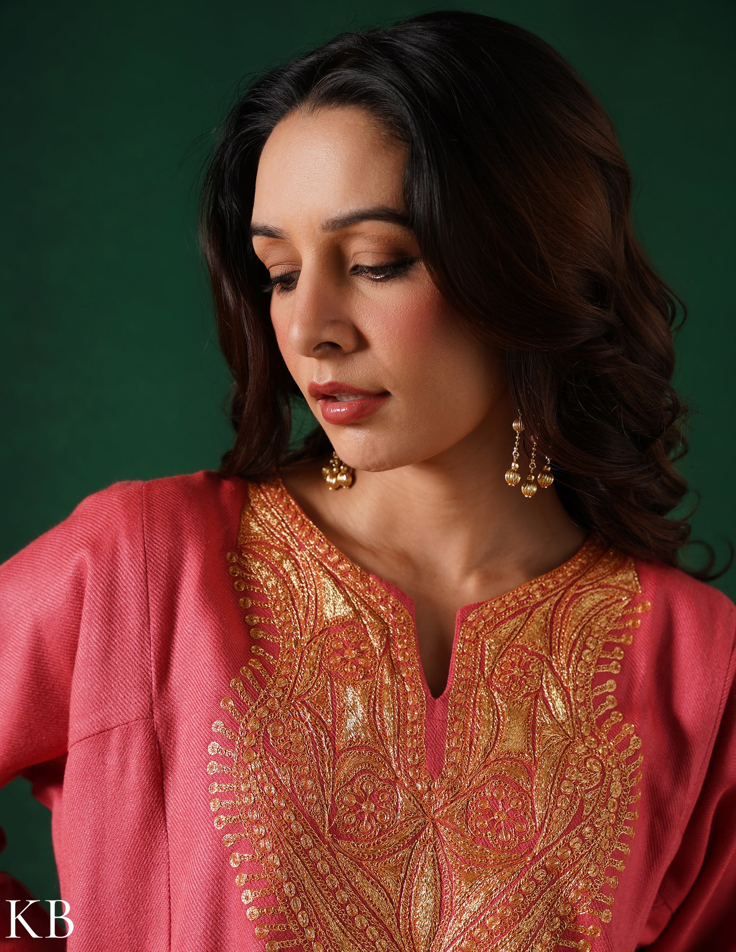 Kashmiri Golden Boti Tilla Embroidered Woollen Phiran – Pink | Handcrafted Heritage - Kashmir Box