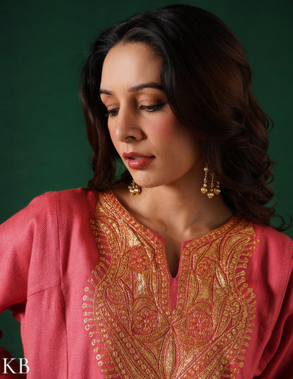 Kashmiri Golden Boti Tilla Embroidered Woollen Phiran – Pink | Handcrafted Heritage - Kashmir Box