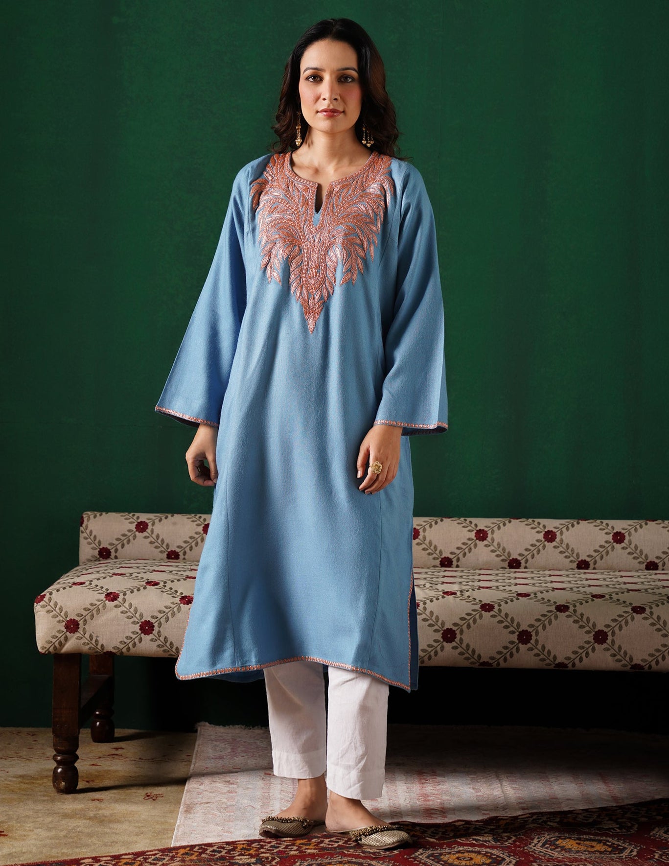 Kashmiri Golden Boti Tilla Embroidered Woollen Phiran – Light Blue | Handcrafted Heritage - Kashmir Box