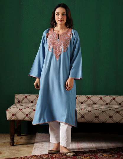 Kashmiri Golden Boti Tilla Embroidered Woollen Phiran – Light Blue | Handcrafted Heritage - Kashmir Box