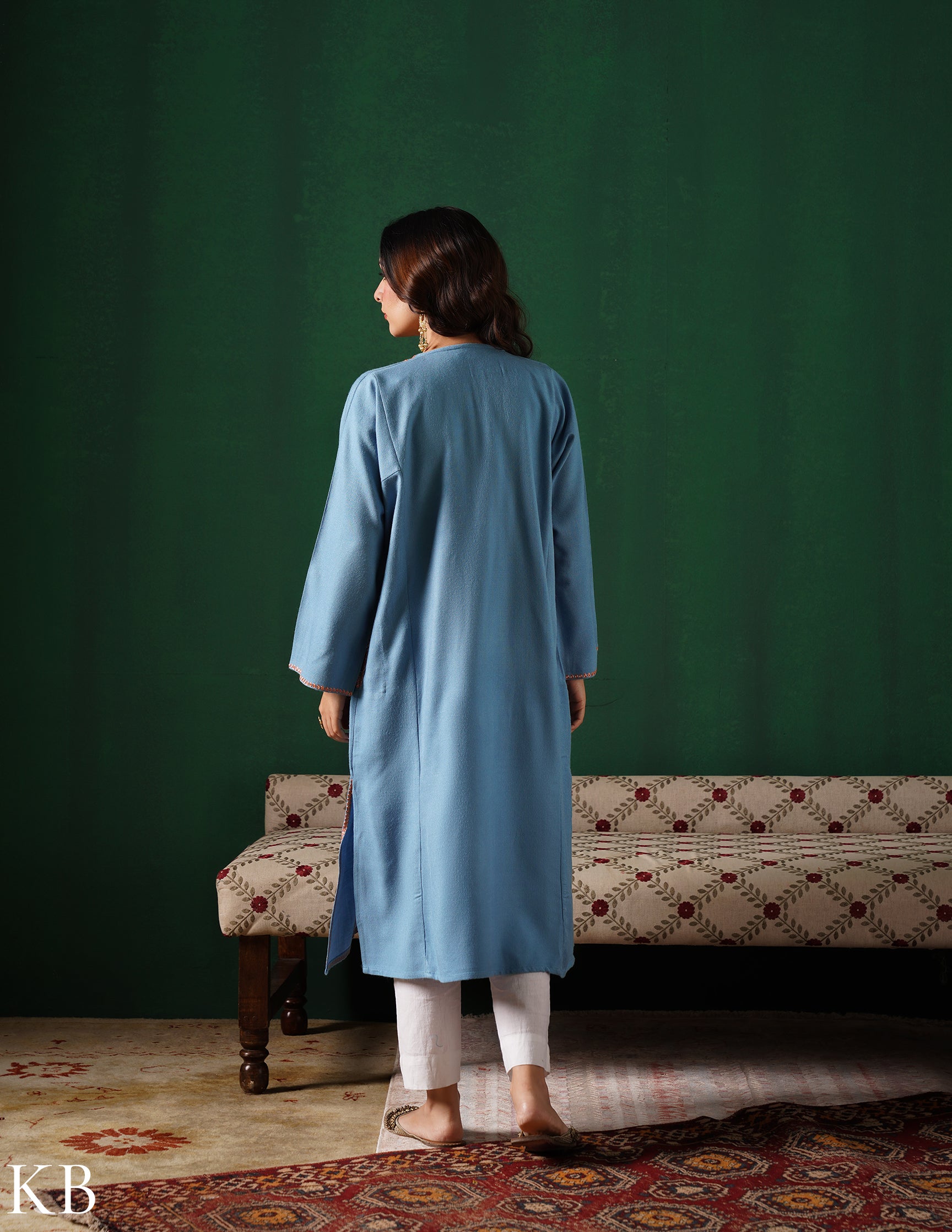 Kashmiri Golden Boti Tilla Embroidered Woollen Phiran – Light Blue | Handcrafted Heritage - Kashmir Box