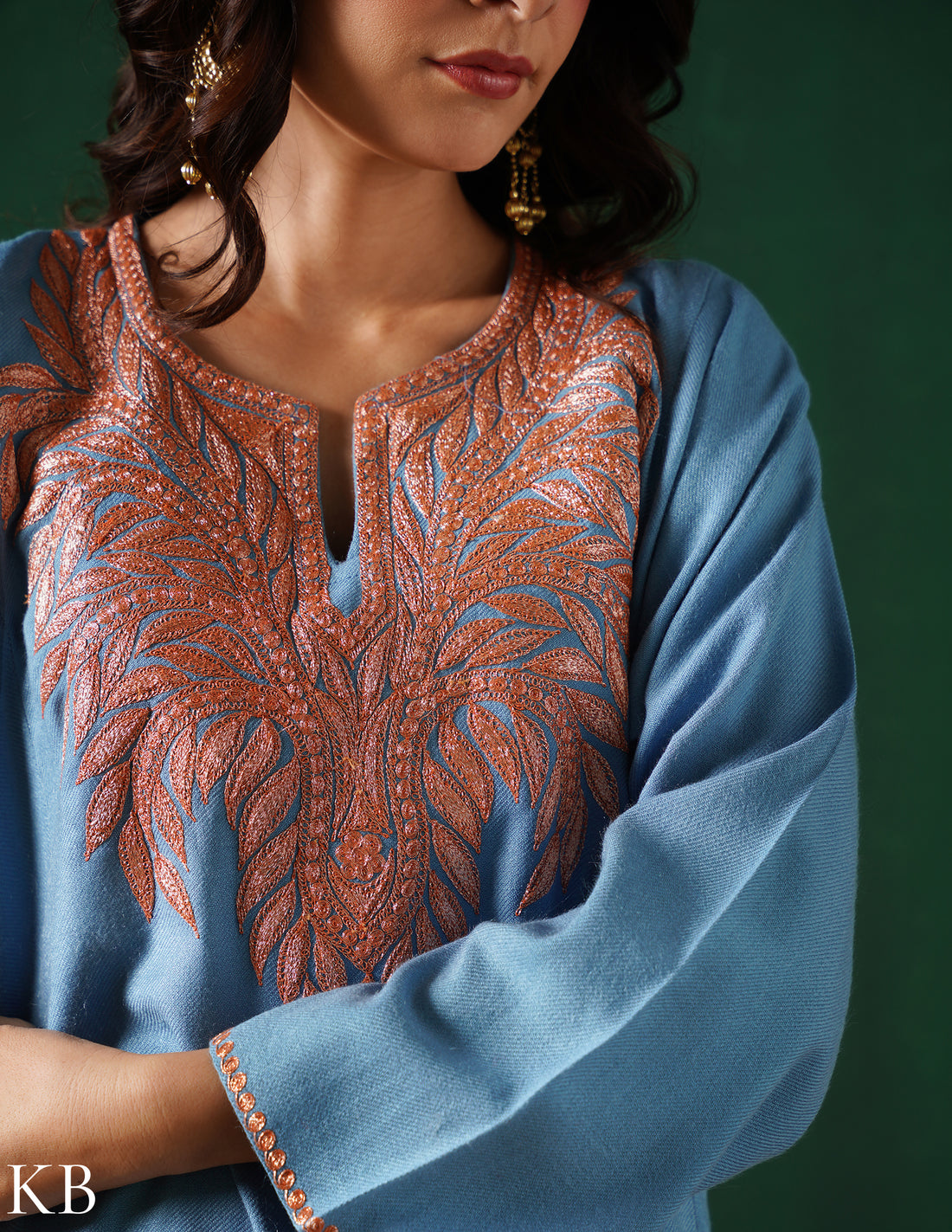 Kashmiri Golden Boti Tilla Embroidered Woollen Phiran – Light Blue | Handcrafted Heritage - Kashmir Box