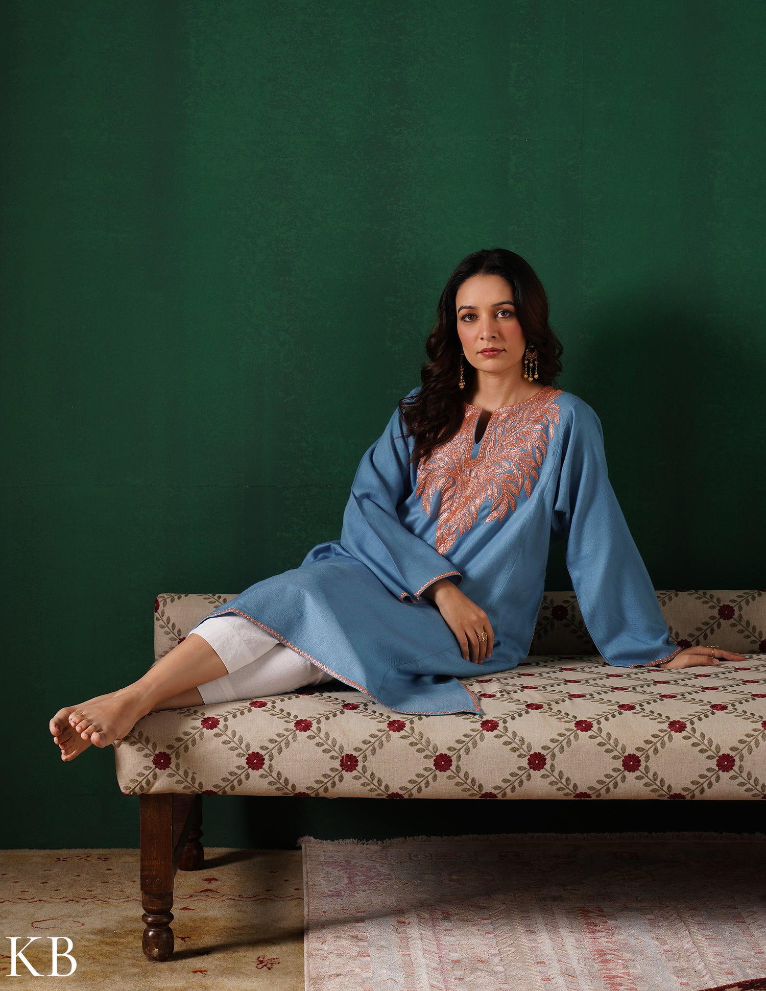 Kashmiri Golden Boti Tilla Embroidered Woollen Phiran – Light Blue | Handcrafted Heritage - Kashmir Box