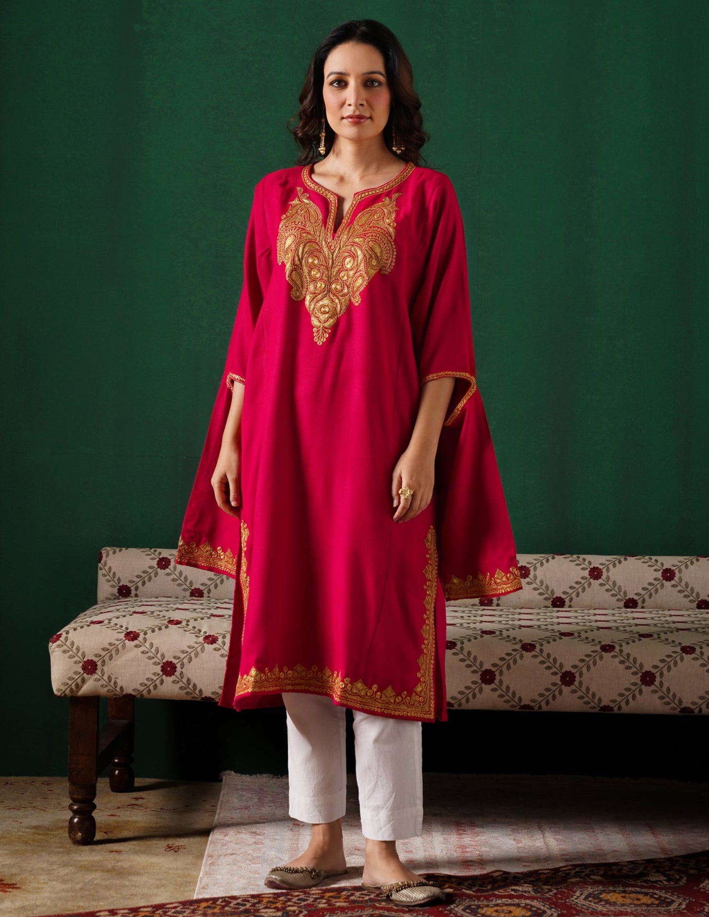 Kashmiri Golden Boti Tilla Embroidered Woollen Phiran – Magenta Pink | Handcrafted Heritage - Kashmir Box