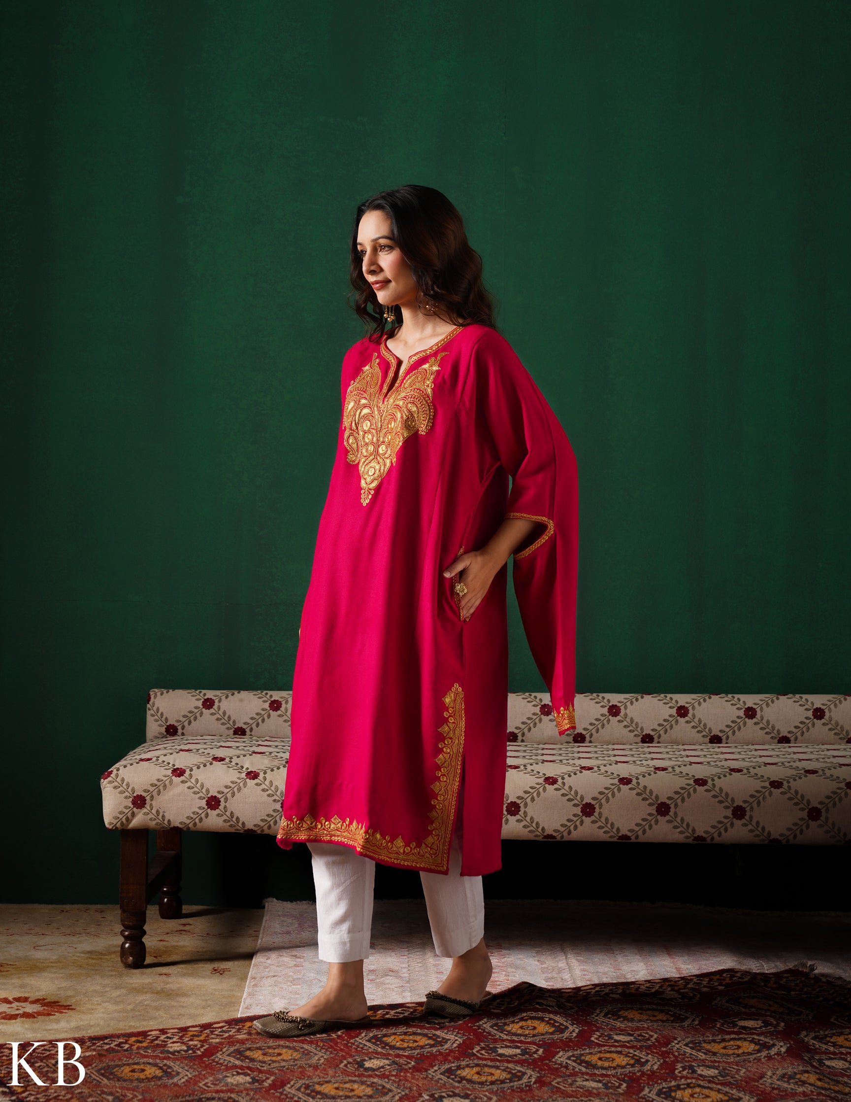 Kashmiri Golden Boti Tilla Embroidered Woollen Phiran – Magenta Pink | Handcrafted Heritage - Kashmir Box