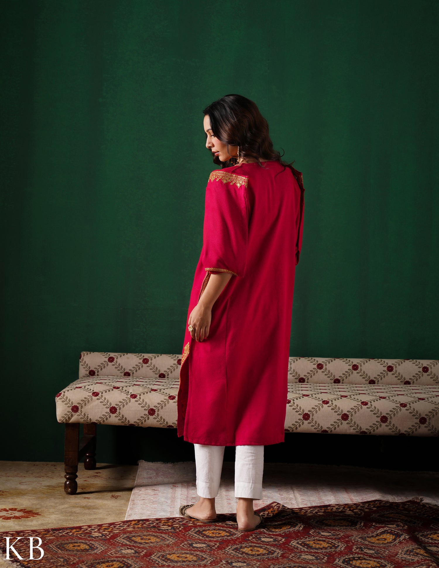 Kashmiri Golden Boti Tilla Embroidered Woollen Phiran – Magenta Pink | Handcrafted Heritage - Kashmir Box