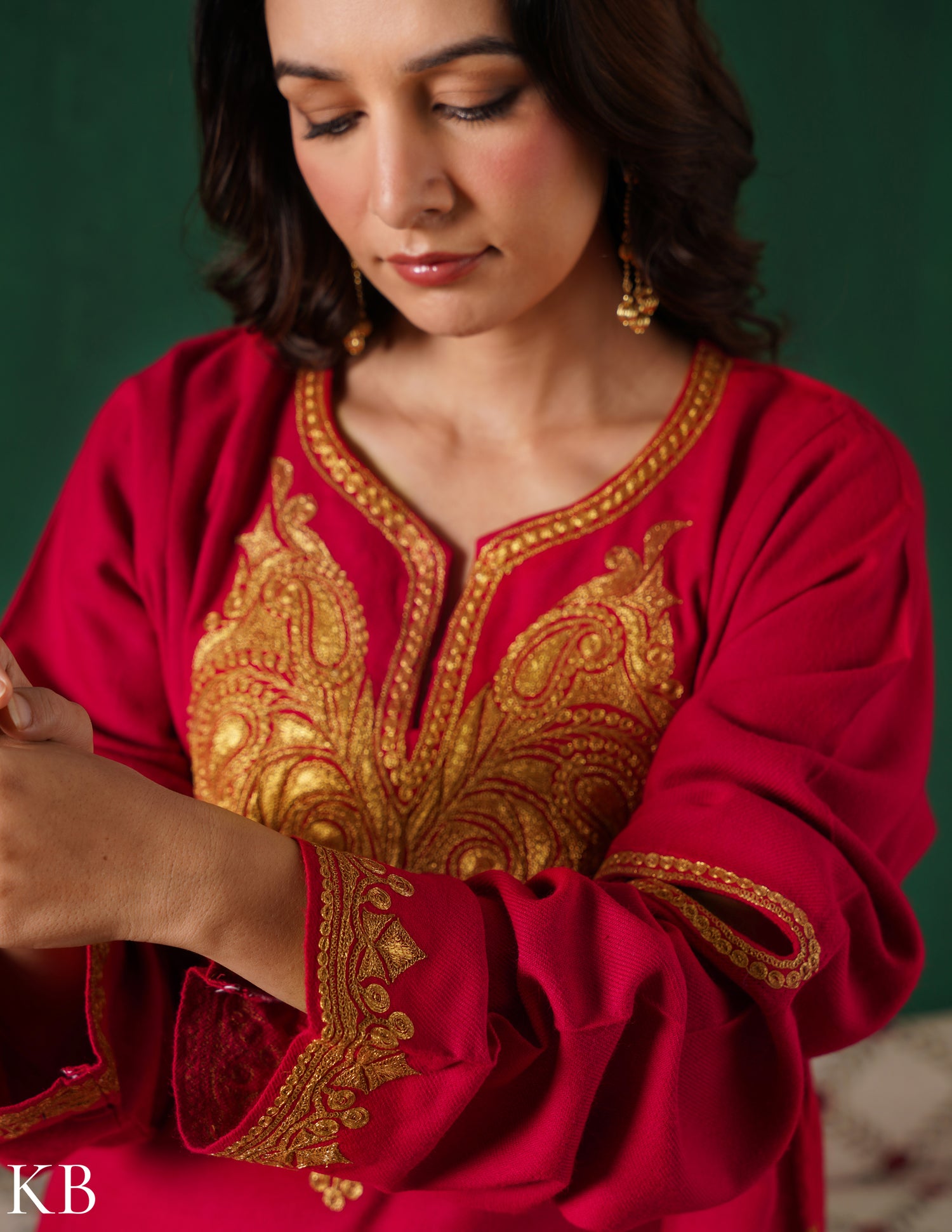 Kashmiri Golden Boti Tilla Embroidered Woollen Phiran – Magenta Pink | Handcrafted Heritage - Kashmir Box