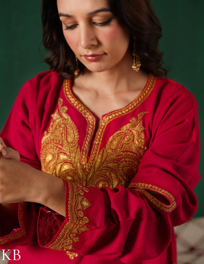Kashmiri Golden Boti Tilla Embroidered Woollen Phiran – Magenta Pink | Handcrafted Heritage - Kashmir Box