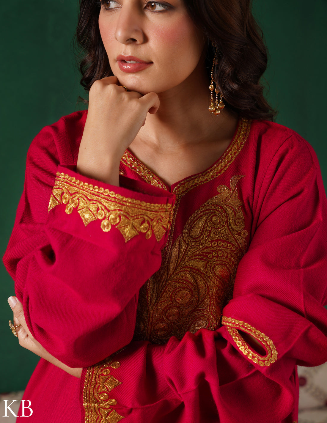 Kashmiri Golden Boti Tilla Embroidered Woollen Phiran – Magenta Pink | Handcrafted Heritage - Kashmir Box