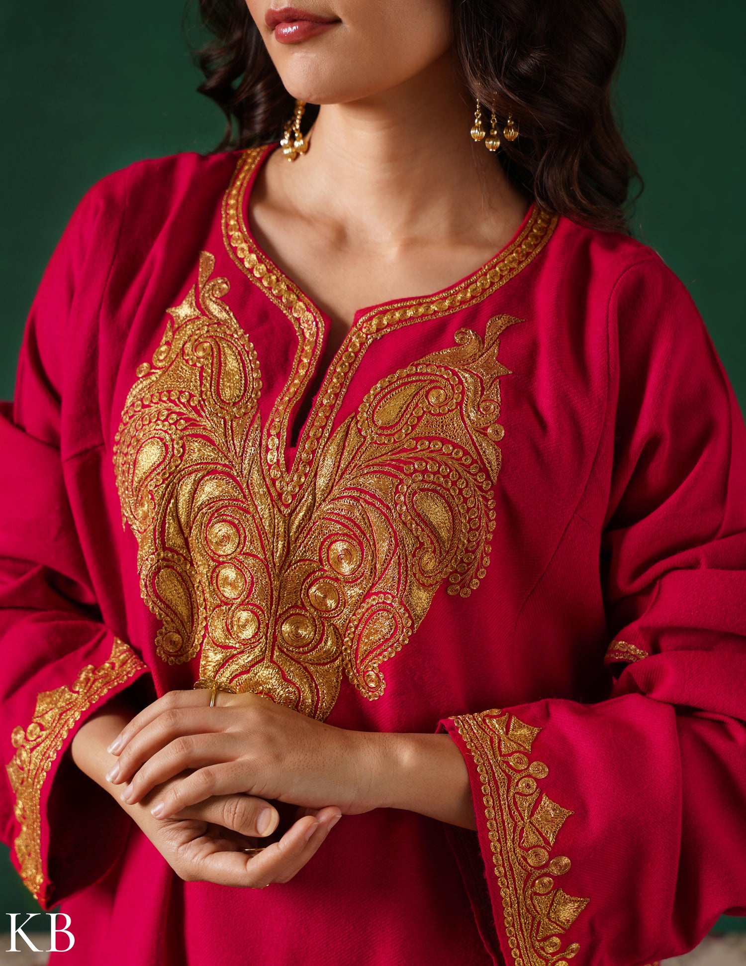 Kashmiri Golden Boti Tilla Embroidered Woollen Phiran – Magenta Pink | Handcrafted Heritage - Kashmir Box