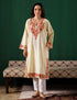 Kashmiri Pink & Golden Aari Embroidered Woollen Phiran – Eggshell White | Timeless Winter Wear - Kashmir Box