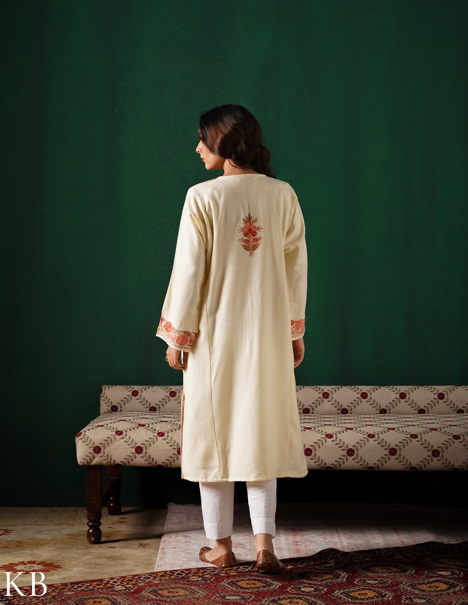 Kashmiri Pink &amp; Golden Aari Embroidered Woollen Phiran – Eggshell White | Timeless Winter Wear - Kashmir Box