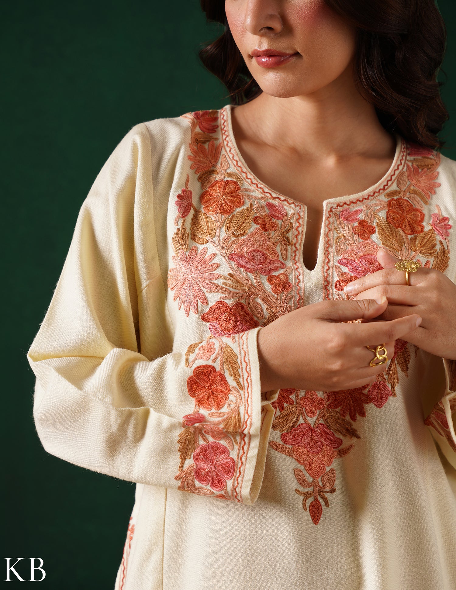 Kashmiri Pink &amp; Golden Aari Embroidered Woollen Phiran – Eggshell White | Timeless Winter Wear - Kashmir Box