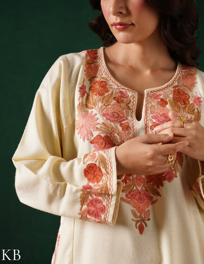 Kashmiri Pink &amp; Golden Aari Embroidered Woollen Phiran – Eggshell White | Timeless Winter Wear - Kashmir Box