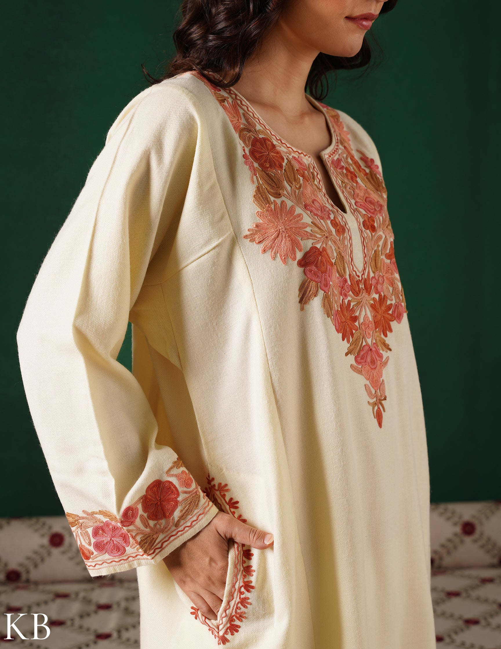 Kashmiri Pink &amp; Golden Aari Embroidered Woollen Phiran – Eggshell White | Timeless Winter Wear - Kashmir Box