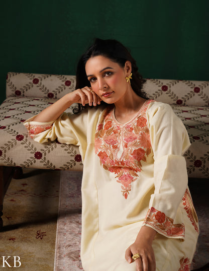 Kashmiri Pink &amp; Golden Aari Embroidered Woollen Phiran – Eggshell White | Timeless Winter Wear - Kashmir Box