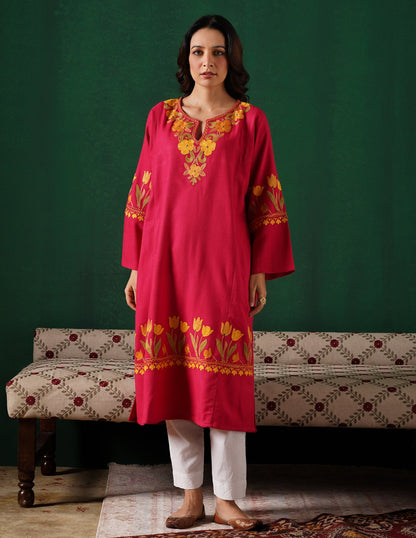 Kashmiri Golden &amp; Green Aari Embroidered Woollen Phiran – Pink | Timeless Winter Wear - Kashmir Box
