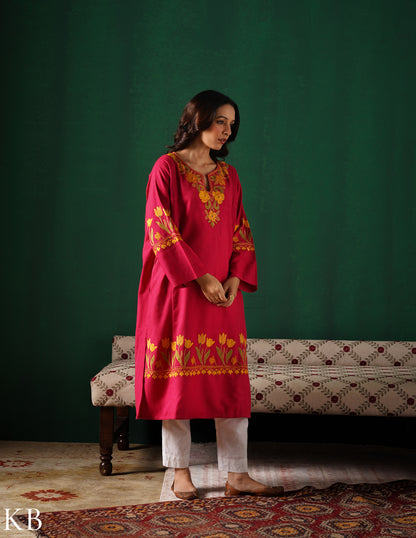 Kashmiri Golden &amp; Green Aari Embroidered Woollen Phiran – Pink | Timeless Winter Wear - Kashmir Box
