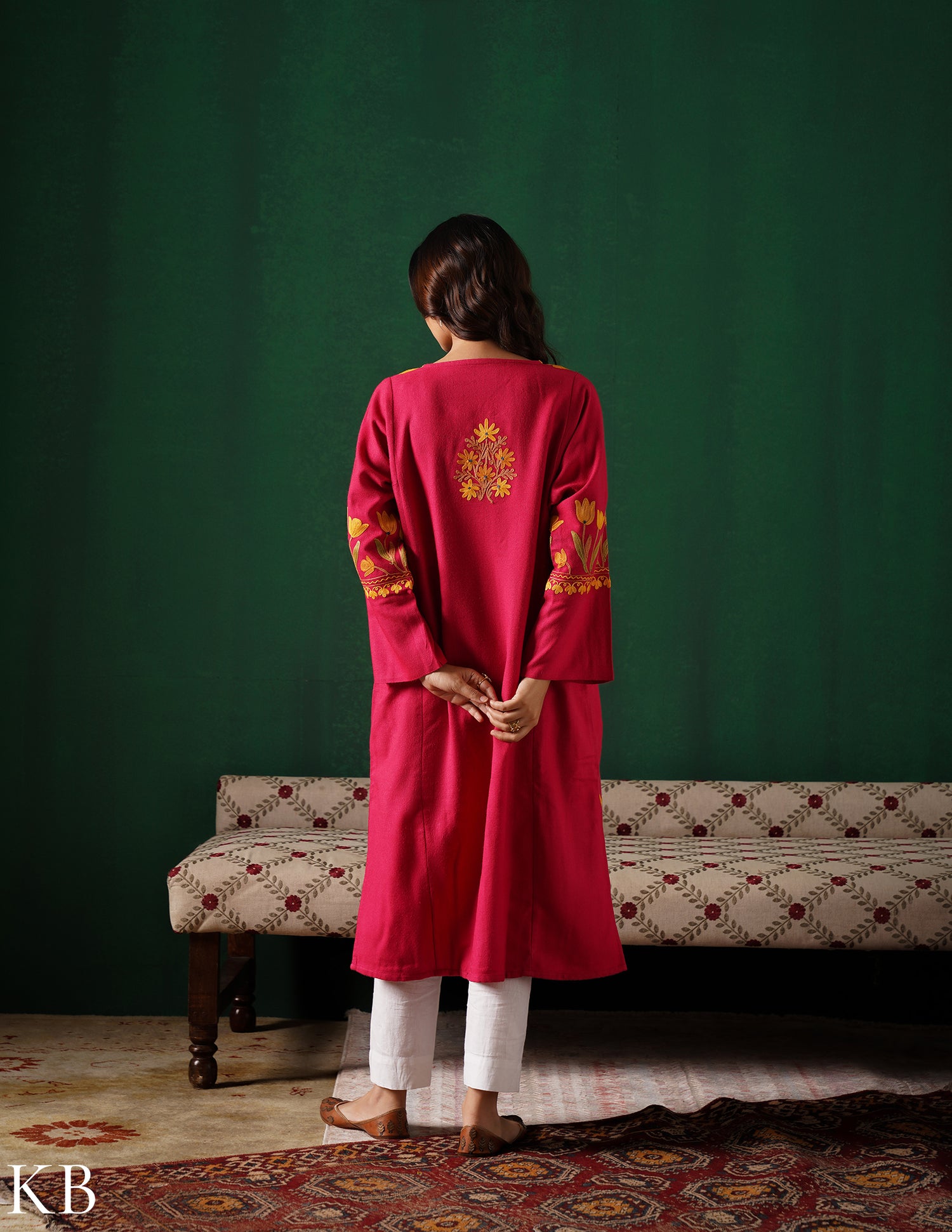 Kashmiri Golden &amp; Green Aari Embroidered Woollen Phiran – Pink | Timeless Winter Wear - Kashmir Box