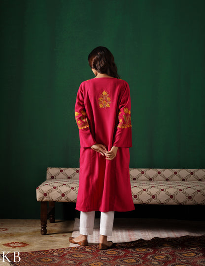 Kashmiri Golden &amp; Green Aari Embroidered Woollen Phiran – Pink | Timeless Winter Wear - Kashmir Box