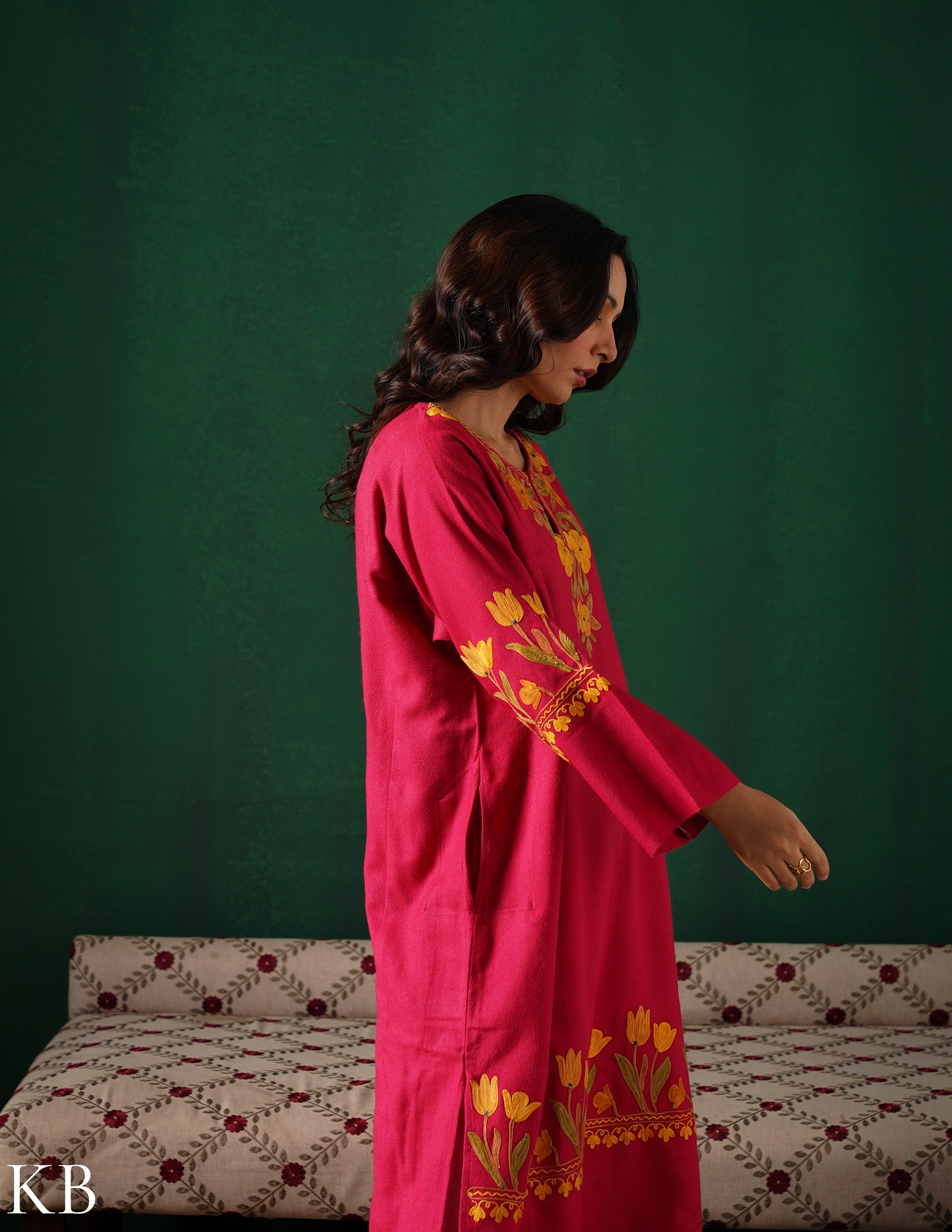 Kashmiri Golden &amp; Green Aari Embroidered Woollen Phiran – Pink | Timeless Winter Wear - Kashmir Box