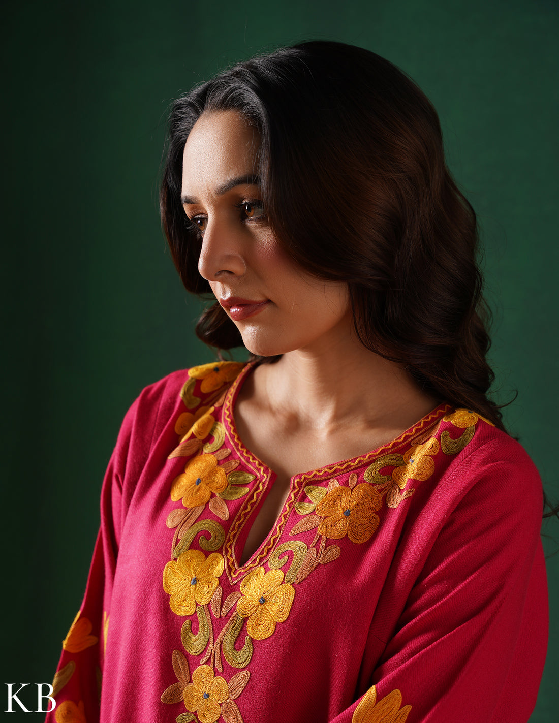 Kashmiri Golden &amp; Green Aari Embroidered Woollen Phiran – Pink | Timeless Winter Wear - Kashmir Box