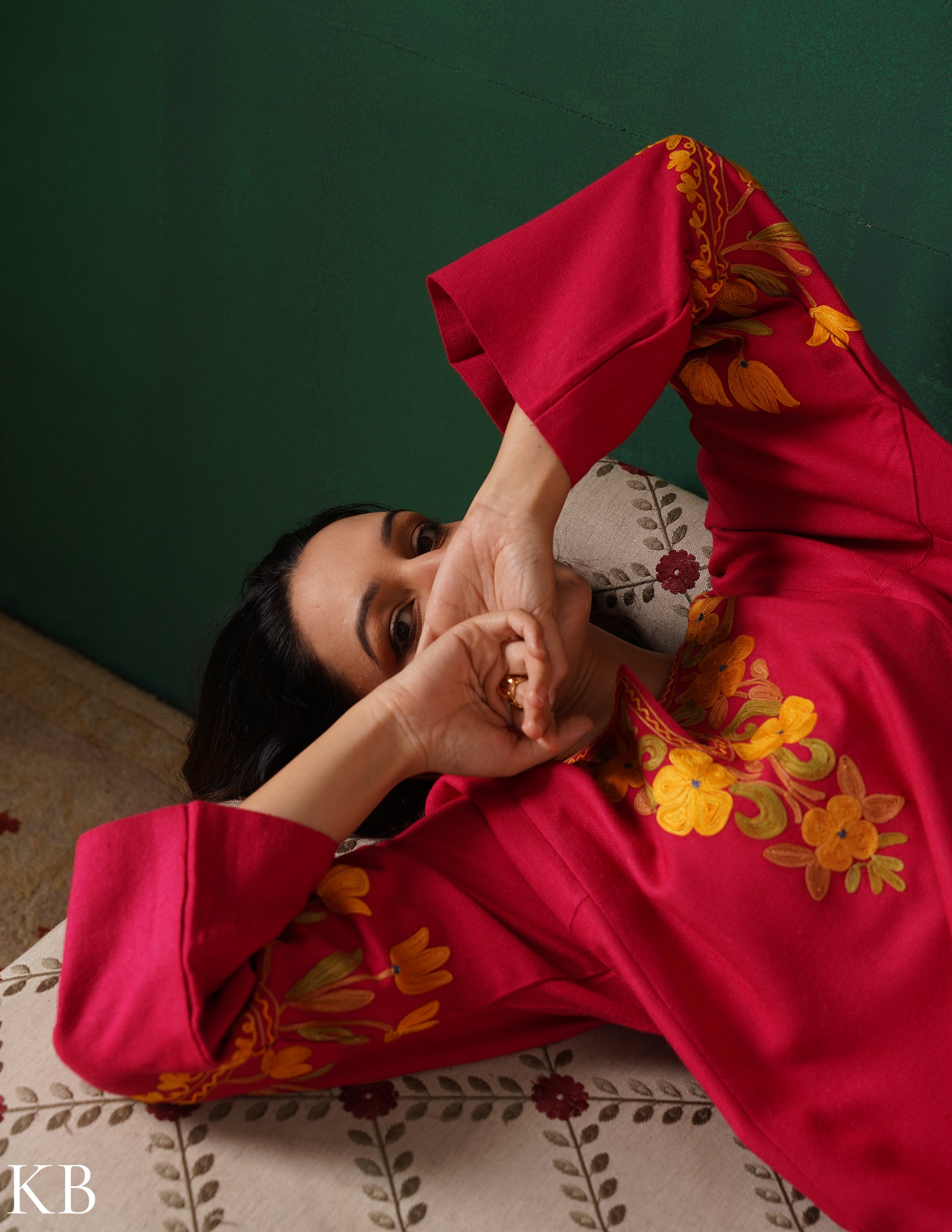 Kashmiri Golden &amp; Green Aari Embroidered Woollen Phiran – Pink | Timeless Winter Wear - Kashmir Box