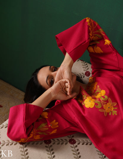 Kashmiri Golden &amp; Green Aari Embroidered Woollen Phiran – Pink | Timeless Winter Wear - Kashmir Box