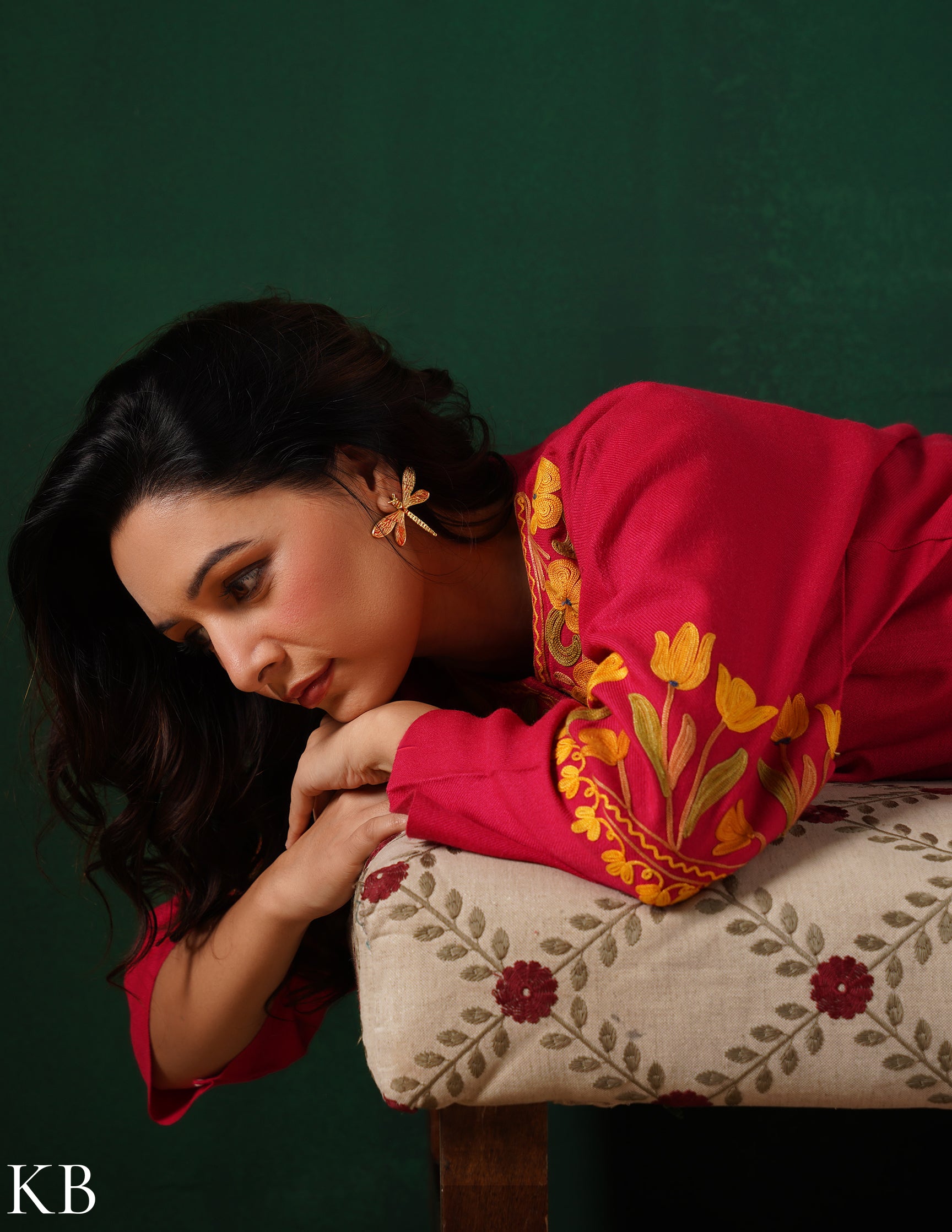 Kashmiri Golden &amp; Green Aari Embroidered Woollen Phiran – Pink | Timeless Winter Wear - Kashmir Box