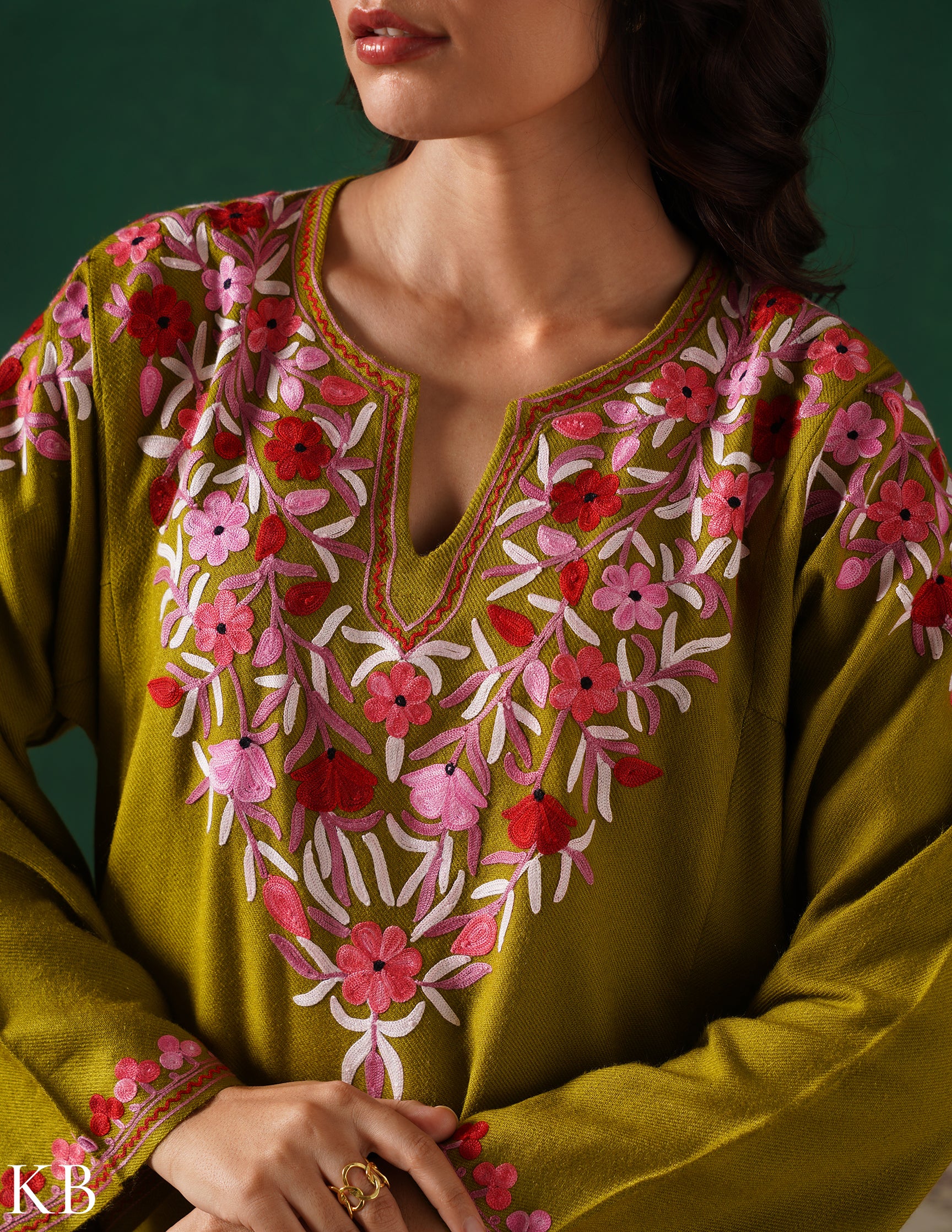 Kashmiri Multi Colour Aari Embroidered Woollen Phiran – Green | Timeless Winter Wear - Kashmir Box