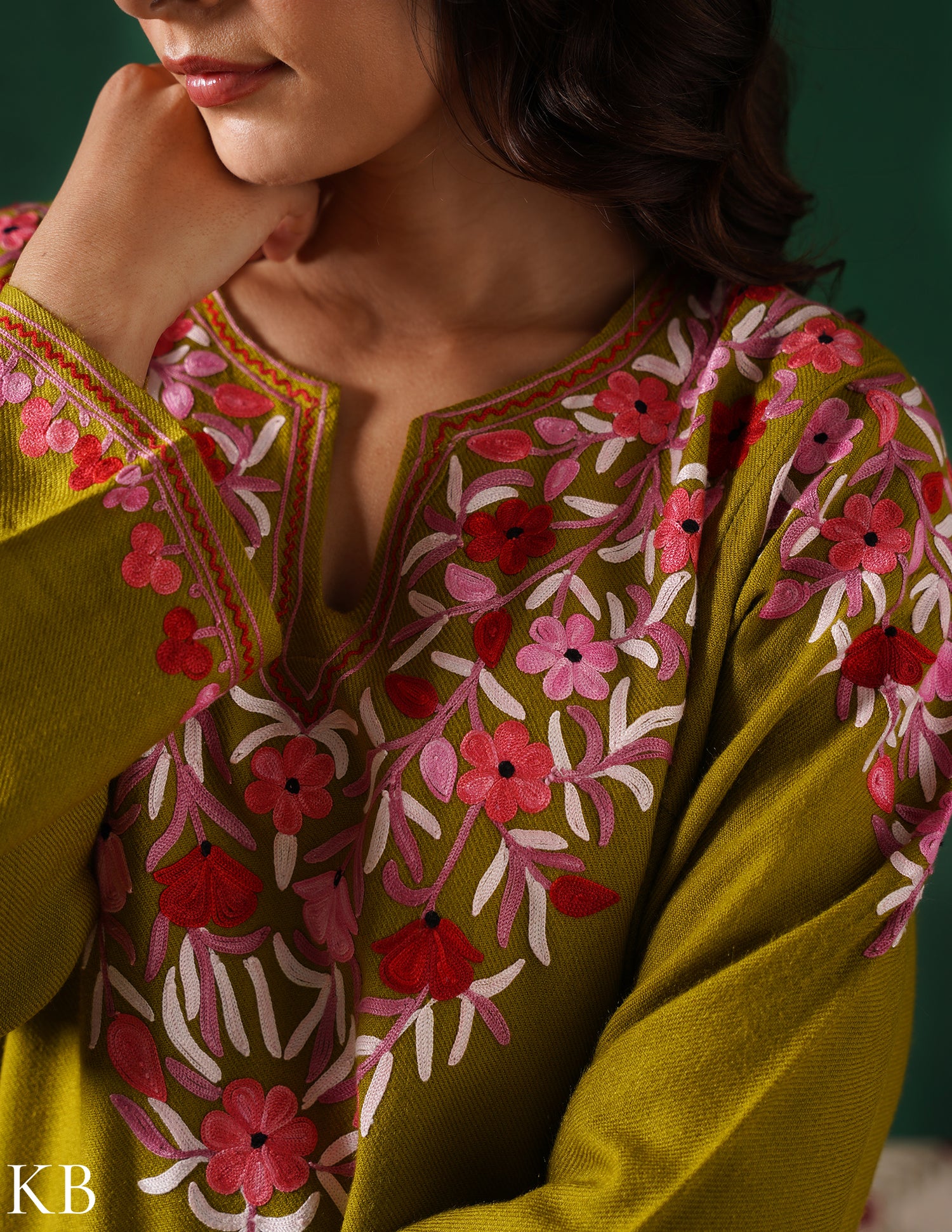 Kashmiri Multi Colour Aari Embroidered Woollen Phiran – Green | Timeless Winter Wear - Kashmir Box