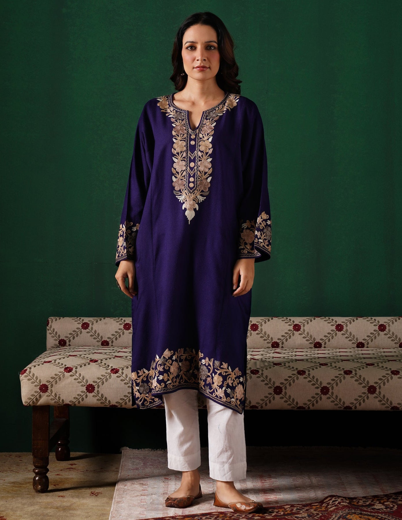 Kashmiri Light Brown Aari Embroidered Woollen Phiran – Blue | Timeless Winter Wear - Kashmir Box