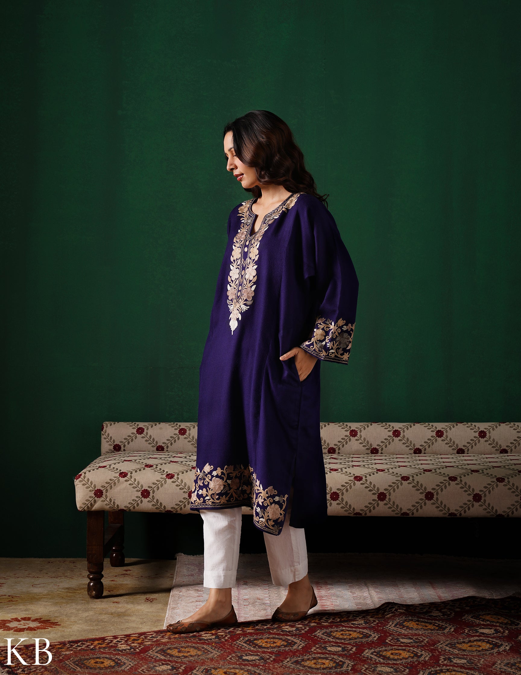 Kashmiri Light Brown Aari Embroidered Woollen Phiran – Blue | Timeless Winter Wear - Kashmir Box