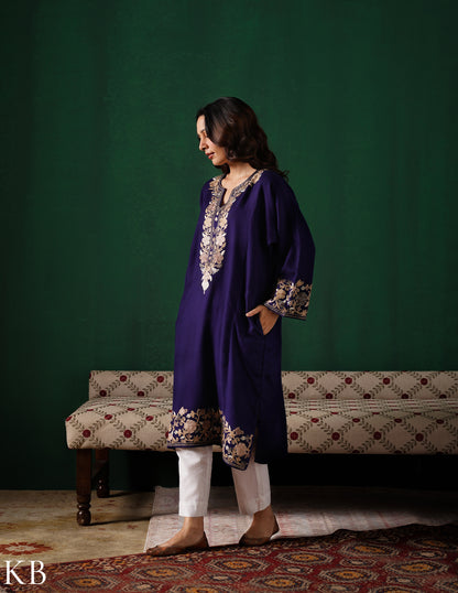 Kashmiri Light Brown Aari Embroidered Woollen Phiran – Blue | Timeless Winter Wear - Kashmir Box