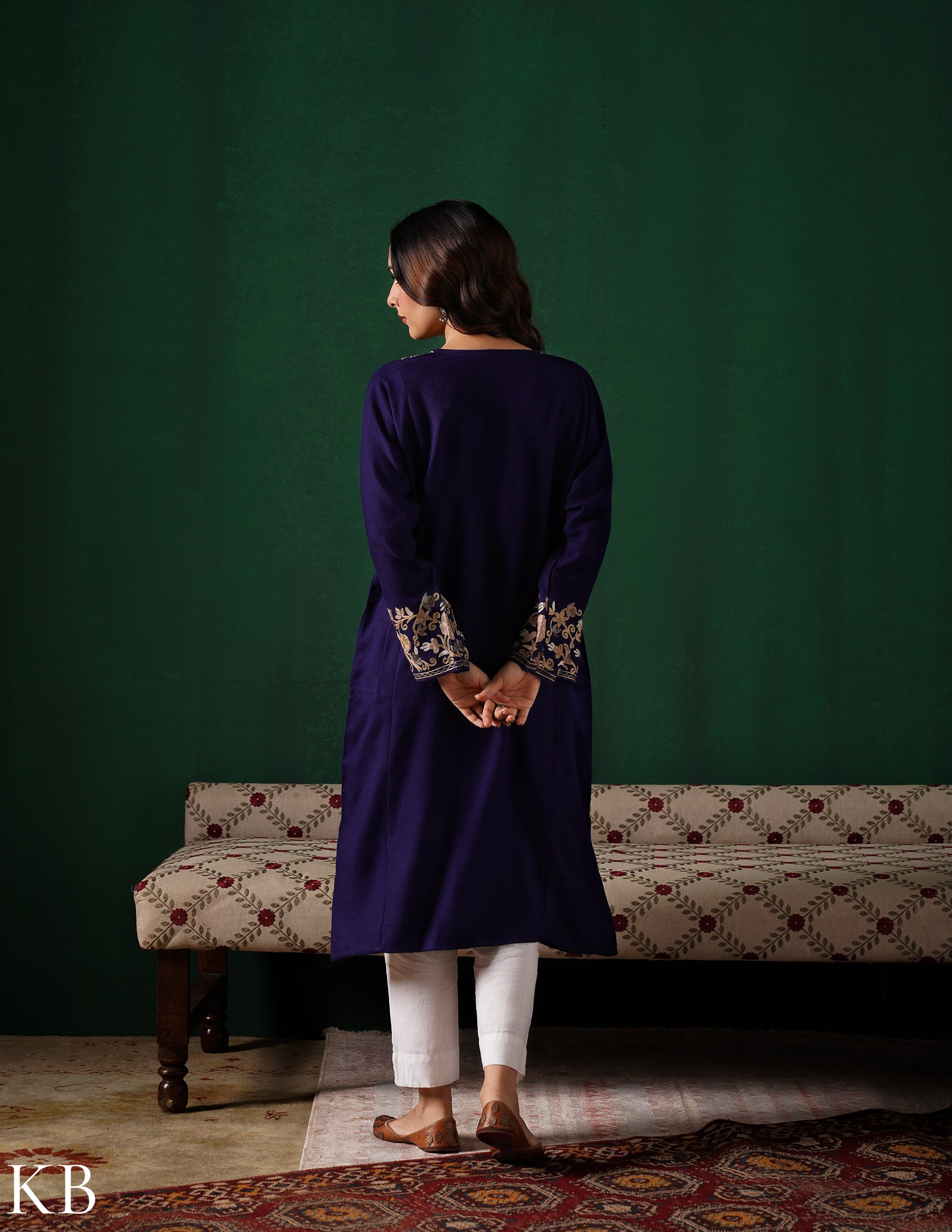 Kashmiri Light Brown Aari Embroidered Woollen Phiran – Blue | Timeless Winter Wear - Kashmir Box