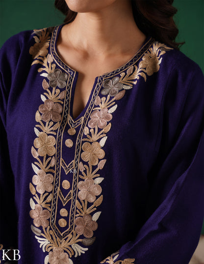 Kashmiri Light Brown Aari Embroidered Woollen Phiran – Blue | Timeless Winter Wear - Kashmir Box