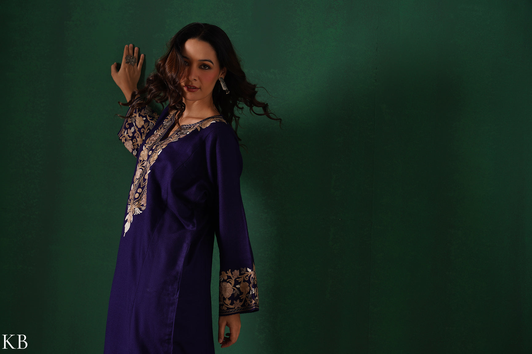 Kashmiri Light Brown Aari Embroidered Woollen Phiran – Blue | Timeless Winter Wear - Kashmir Box