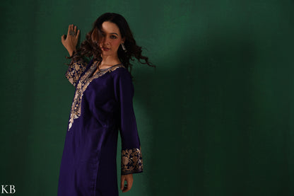 Kashmiri Light Brown Aari Embroidered Woollen Phiran – Blue | Timeless Winter Wear - Kashmir Box