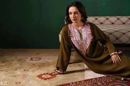 Kashmiri Light Pink Aari Embroidered Woollen Phiran – Olive Green | Timeless Winter Wear - Kashmir Box