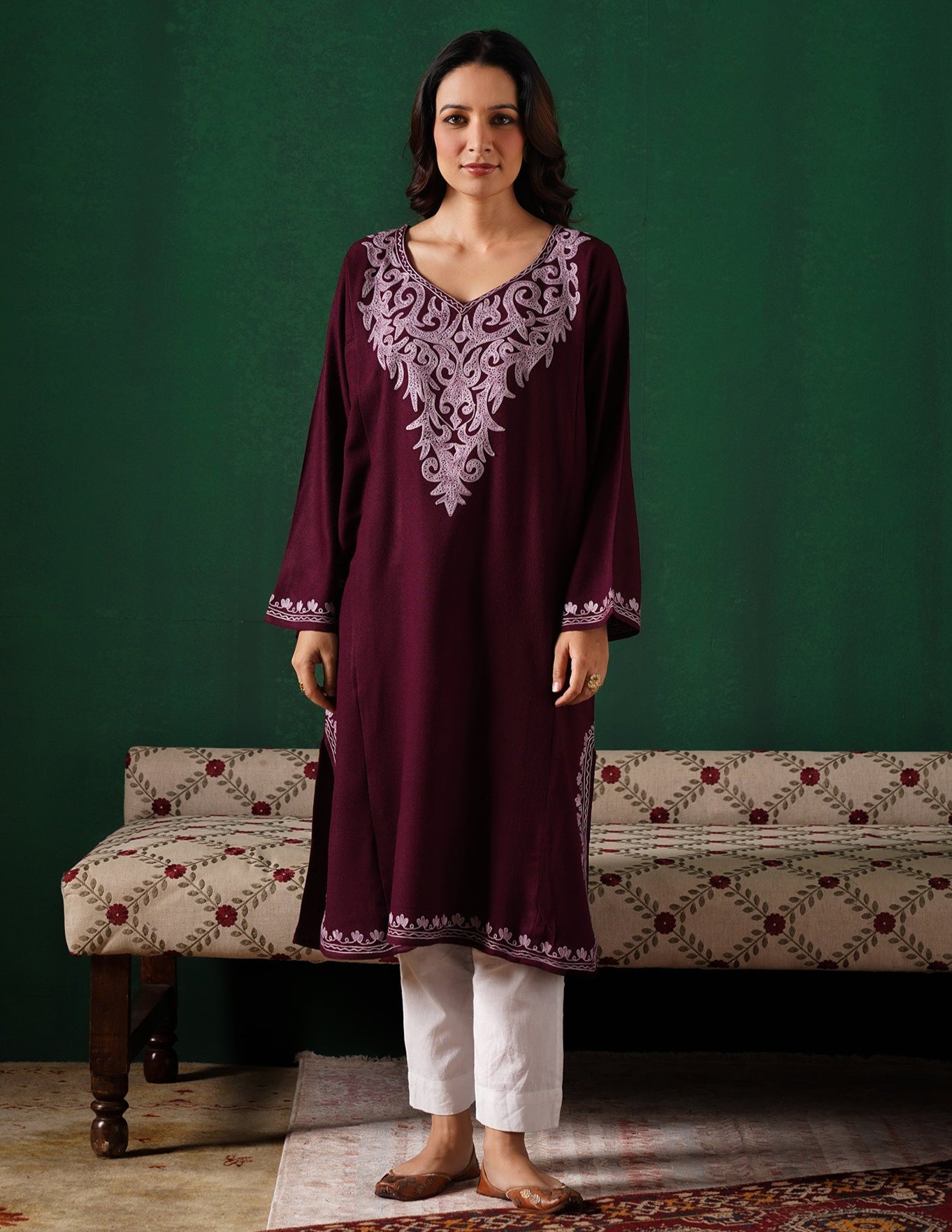 Kashmiri Light Purple Aari Embroidered Woollen Phiran – Wine | Timeless Winter Wear - Kashmir Box