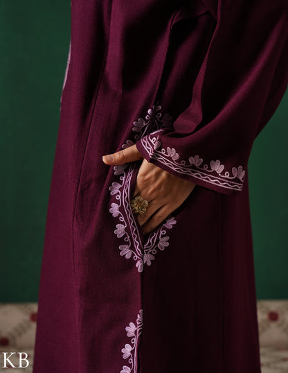 Kashmiri Light Purple Aari Embroidered Woollen Phiran – Wine | Timeless Winter Wear - Kashmir Box