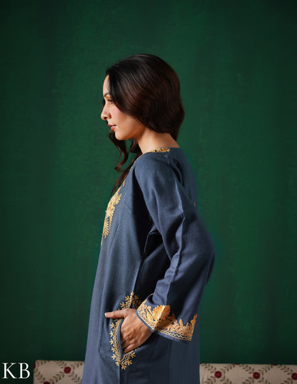 Kashmiri Beige Aari Embroidered Woollen Phiran – Grey | Timeless Winter Wear - Kashmir Box