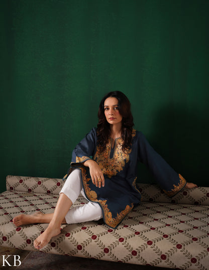 Kashmiri Beige Aari Embroidered Woollen Phiran – Grey | Timeless Winter Wear - Kashmir Box