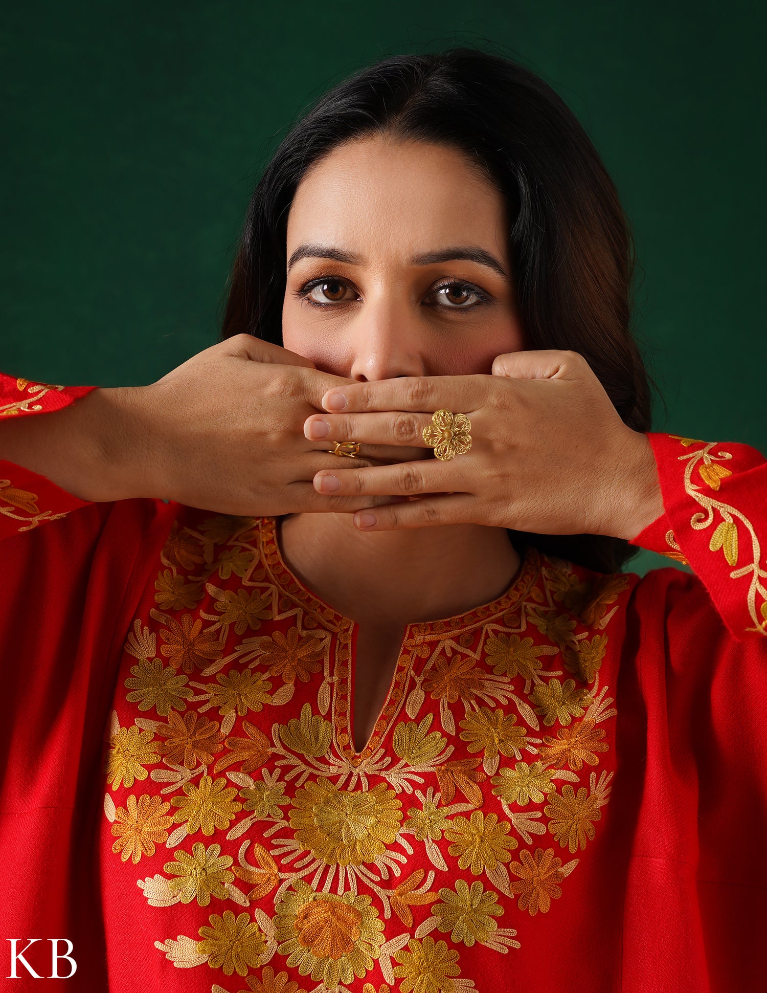 Kashmiri Golden Yellow Aari Embroidered Woollen Phiran – Red | Timeless Winter Wear - Kashmir Box