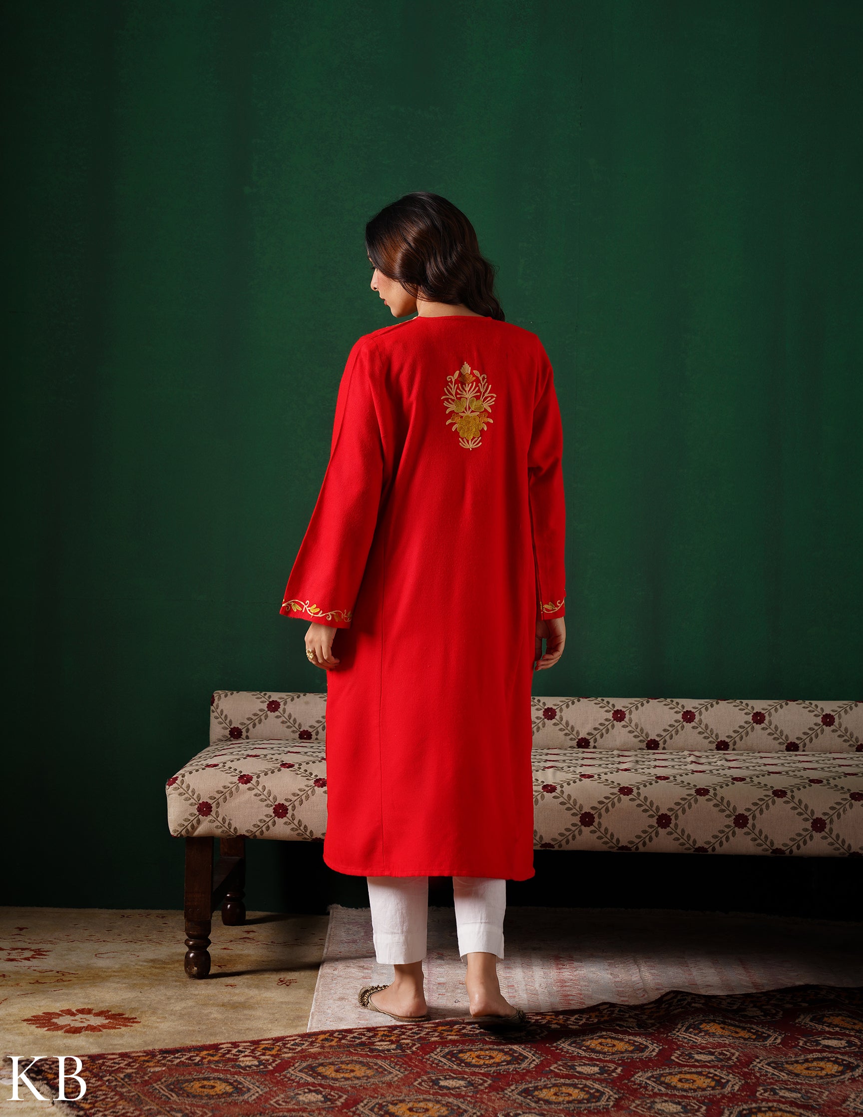 Kashmiri Golden Yellow Aari Embroidered Woollen Phiran – Red | Timeless Winter Wear - Kashmir Box