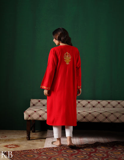 Kashmiri Golden Yellow Aari Embroidered Woollen Phiran – Red | Timeless Winter Wear - Kashmir Box