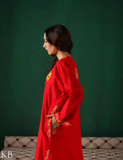 Kashmiri Golden Yellow Aari Embroidered Woollen Phiran – Red | Timeless Winter Wear - Kashmir Box