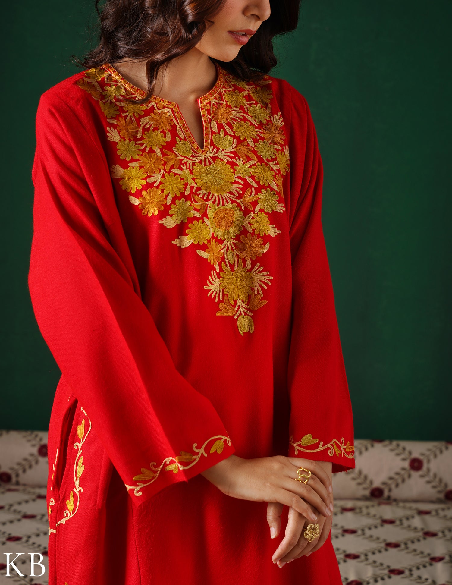 Kashmiri Golden Yellow Aari Embroidered Woollen Phiran – Red | Timeless Winter Wear - Kashmir Box