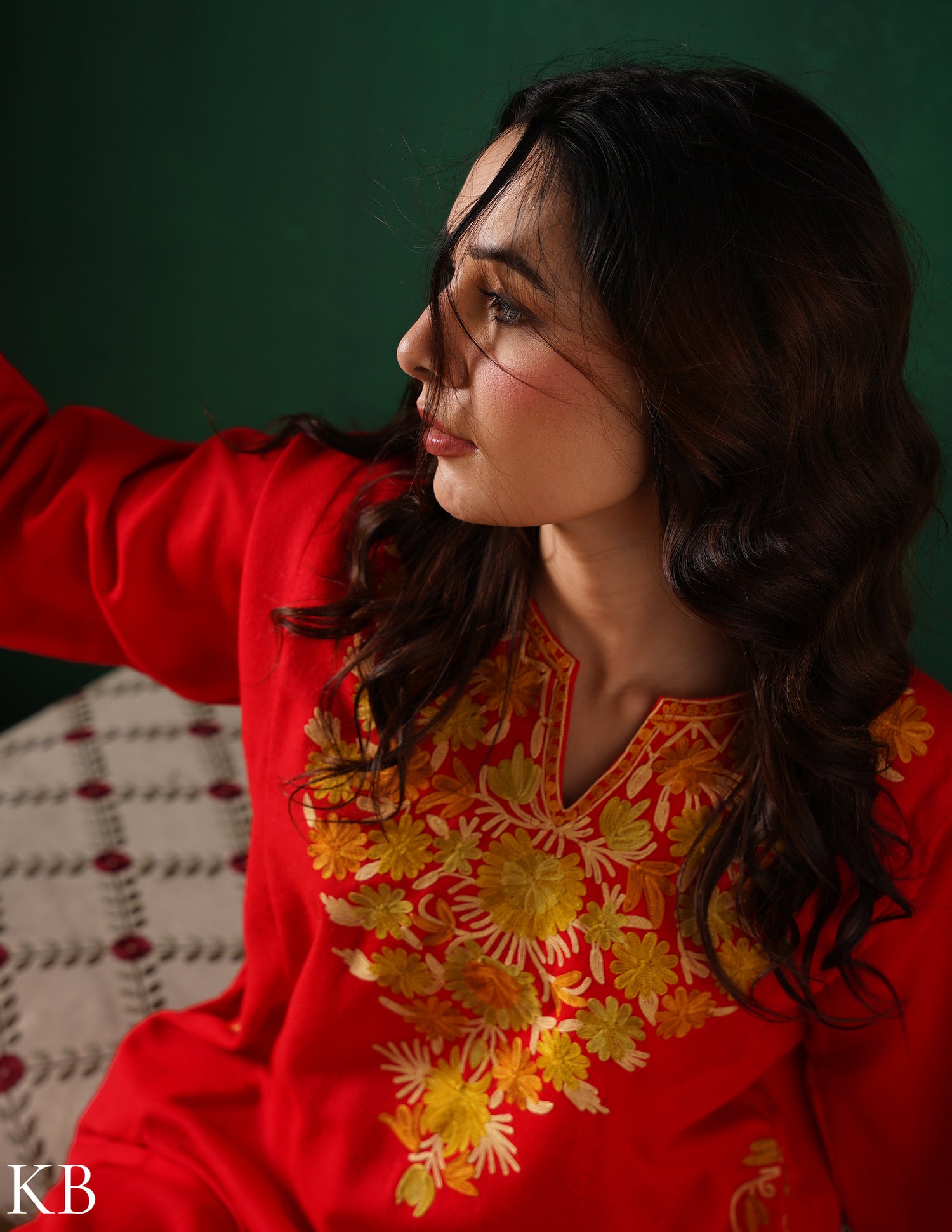 Kashmiri Golden Yellow Aari Embroidered Woollen Phiran – Red | Timeless Winter Wear - Kashmir Box